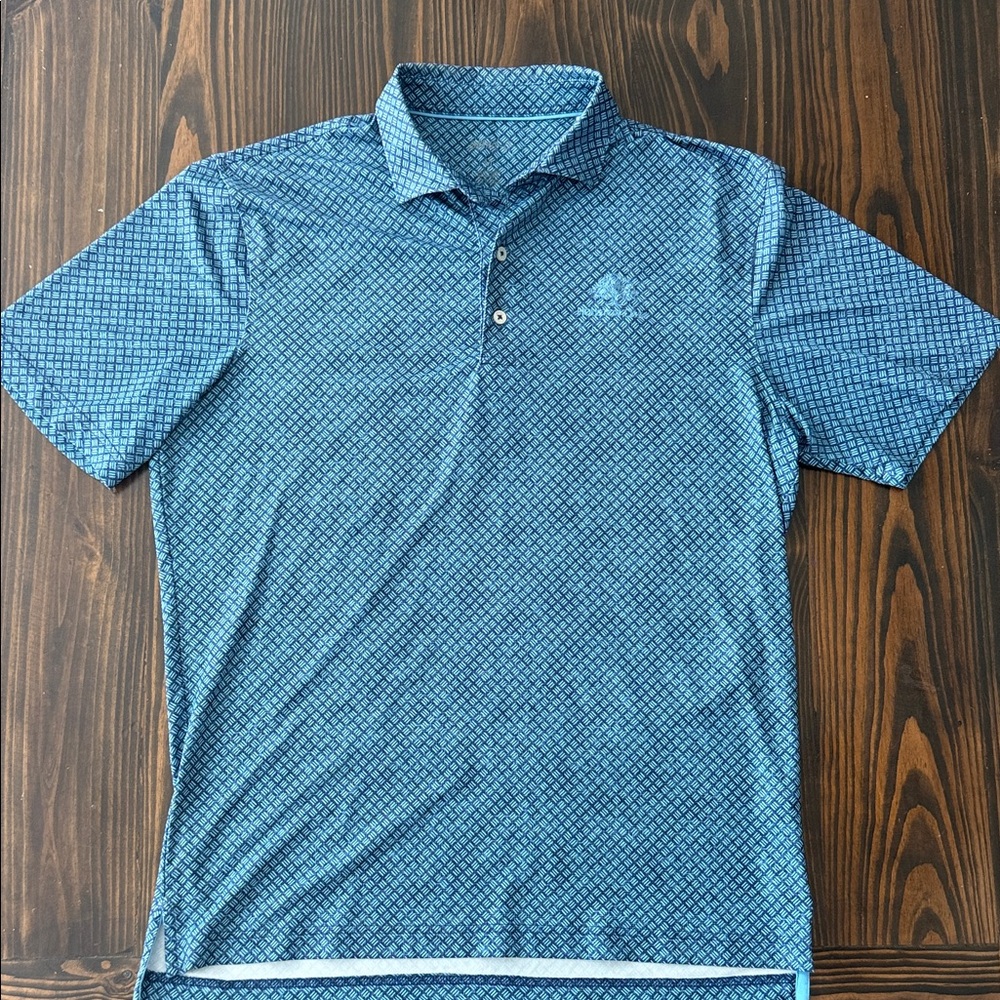 Johnnie-O Golf Polo Shirt Blue Green Houston Oaks Logo Size Medium Pattern